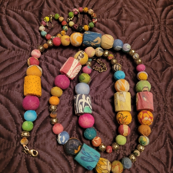 Multicolor Fabric Bead 32+ in. Necklace & 1 in. Hoop Earring Set - Picture 3 of 11